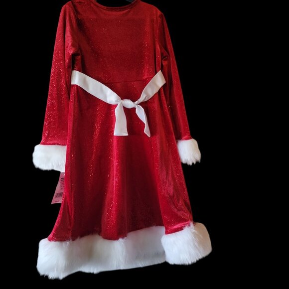 Girls Red & White Long Sleeve Christmas Dress W/ Faux Fur Trim Sequin Top Bow Ac - Picture 13 of 13